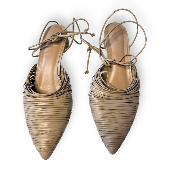 Lenny Lu Miranda Moroccan Leather Tan Cocoon Slip On Mules W/ basket heels - Picture 9 of 9